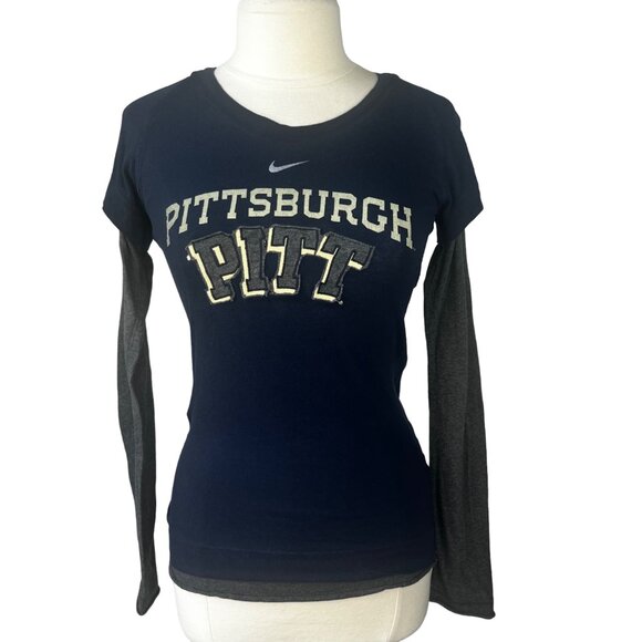 Nike Pitt Panthers Tshirt Womens Medium Blue Gray Fanwear Layered Look - Picture 1 of 8